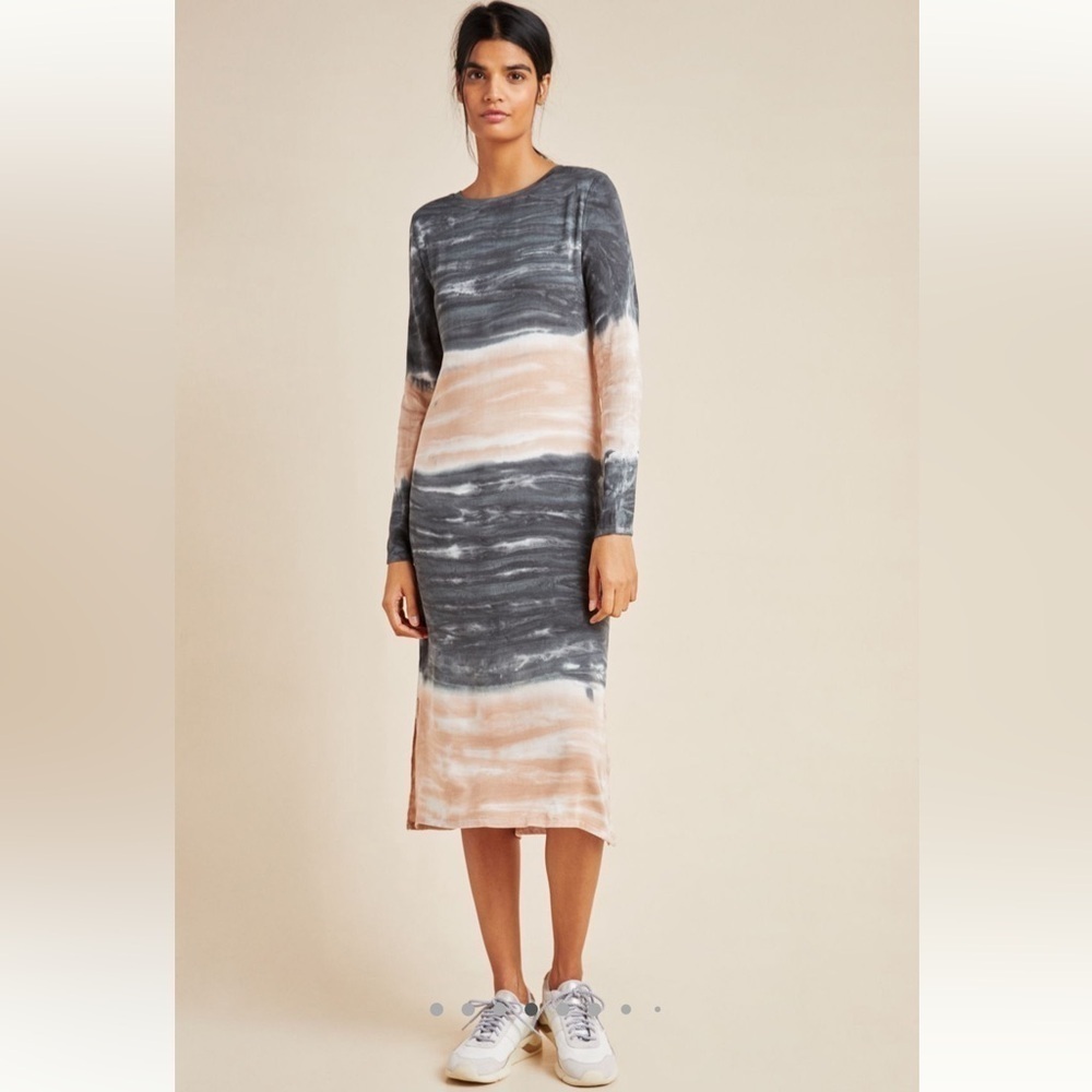 Anthropologie Dolan Trina Tie Dye Midi Gray and Cream Long Sleeve Dress- XS